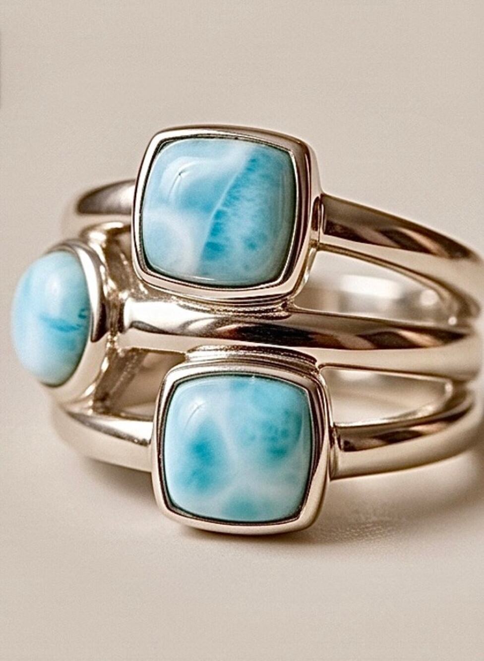 Genuine Larimar 3 Stone Ring Sterling Silver Size 6